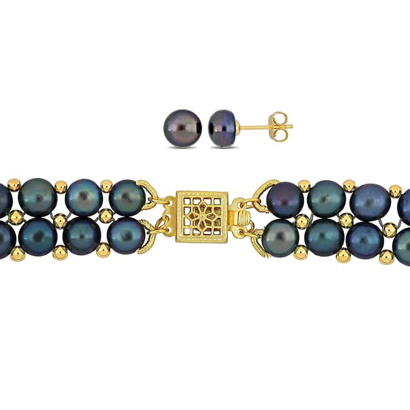 Miadora Black Cultured Freshwater Pearl Bead Double Row Strand Jewelry Set Yellow Silver