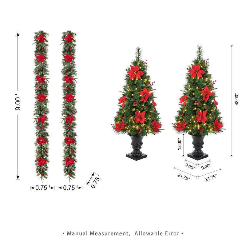 Glitzhome 4ft/5ft Pre-Lit Pine Artificial Christmas Potted Porch Trees with Warm White Lights and Poinsettia
