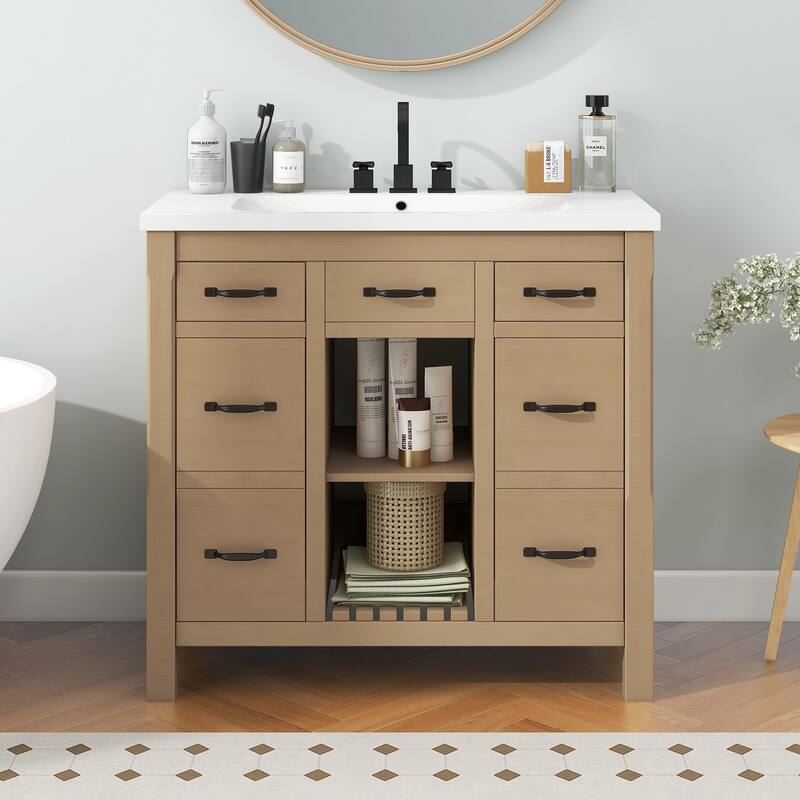 36" Solid Wood Frame Bathroom Cabinet