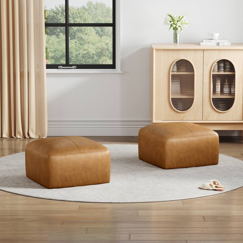 UIXE Genuine Leather Ottoman, Upholstered Ottoman for Living Room - Square-Medium - Brown-Set of 2