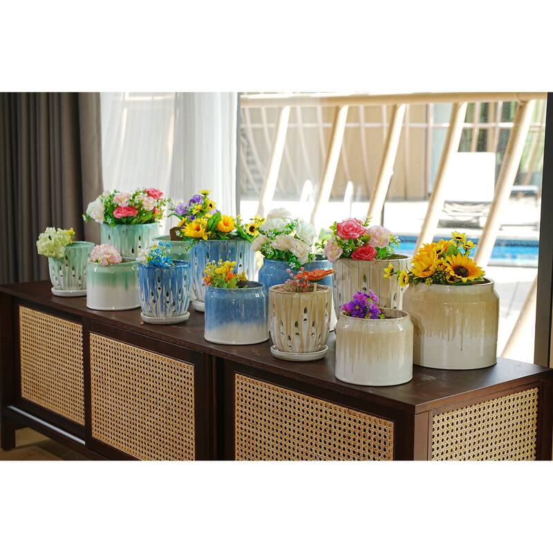Brown & Antique White Ceramic Planter Pair 7.5 Inch Square Modern Duo with Drainage - Brown + Antique White