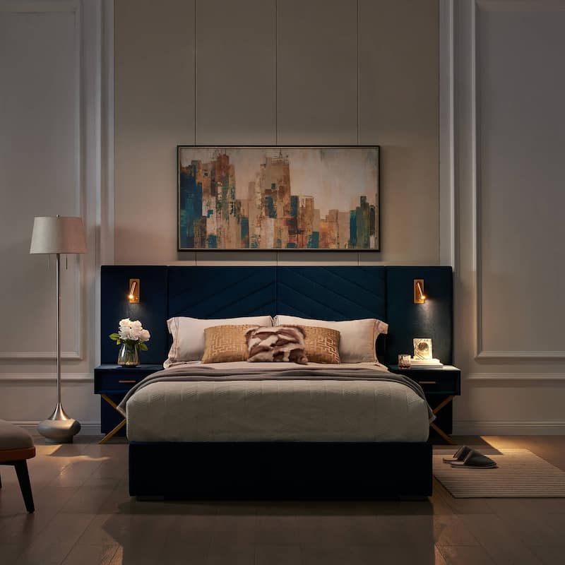 Rossetta Queen Size Bed Frame with Vertical Channel Tufted Wingback Headboard, Easy Assembly - Retro Blue