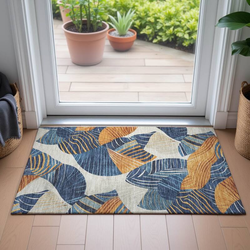 Machine Washable Indoor/Outdoor Coastal Palm Leave Chantille Rug