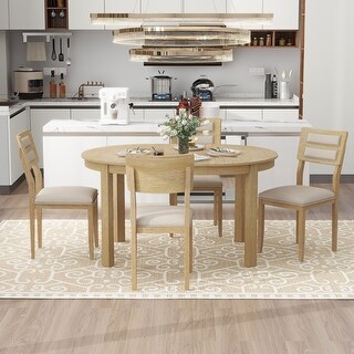 5-Piece Extendable Round Dining Table Set With 4 Upholstered Chairs ...