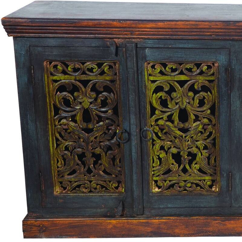 HomeRoots 91" Brown Gray and Green Solid Wood Buffet Table with Two Doors - 91.00 in. x 36.00 in. x 16.00 in.