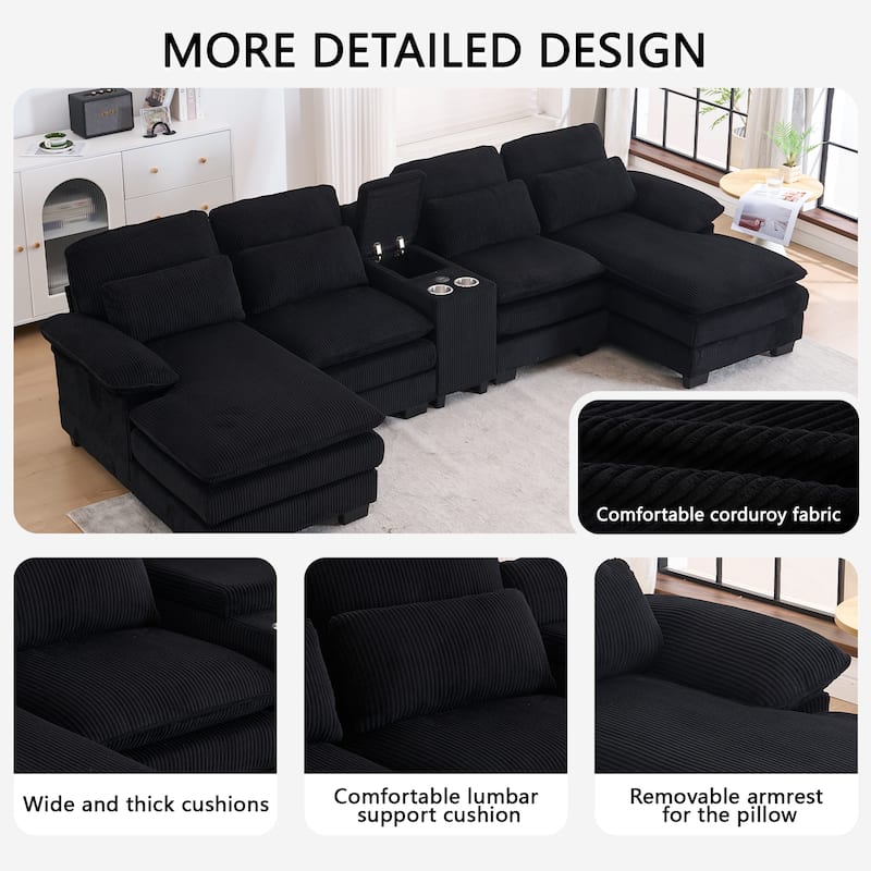 124" Modern Modular Sofa with Double Recliner and USB Port with Center Console