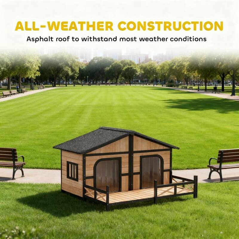 Weatherproof Wooden Dog House with Porch, Openable Roof & Removable Bottom - Elevated Double Room Kennel