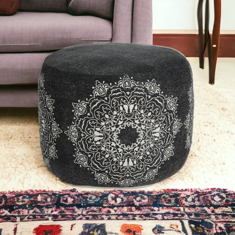 18 Inch Black Cotton Pouf Ottoman with Floral Medallion Pattern