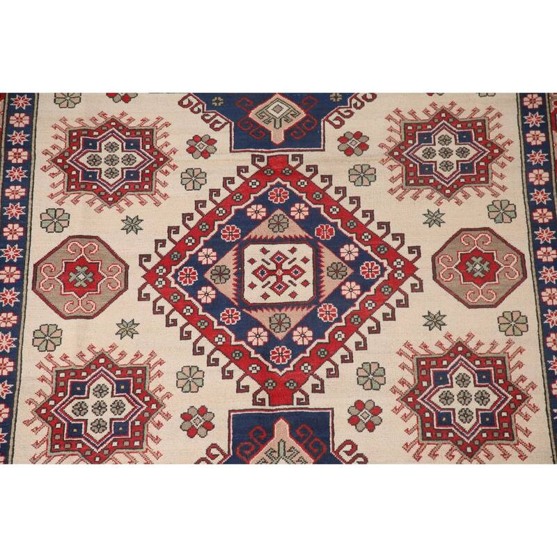 Ivory Geometric Kazak Area Rug Handmade Wool Carpet - 6'8" x 9'6"