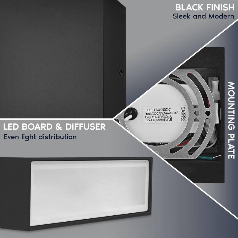 Luxrite Square LED Up and Down Wall Sconces Set of 2, Metal, 5CCT 2700K-5000K, 15W, 1000LM, IP65 Waterproof, ETL - Black