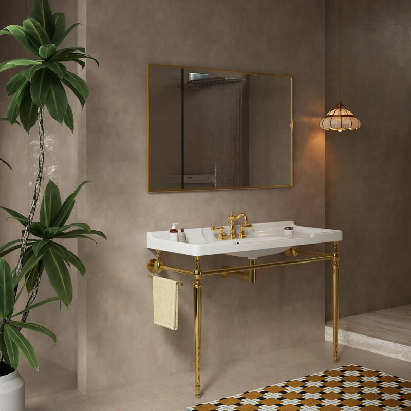 48" Freestanding Bathroom Vanity in Gold with White Ceramic Basin - 47.64'' x 18.5'' x 35.24''