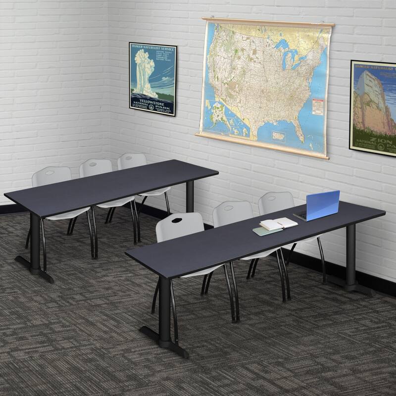 84" x 24" Training Table- Grey & 3 'M' Stack Chairs- Grey