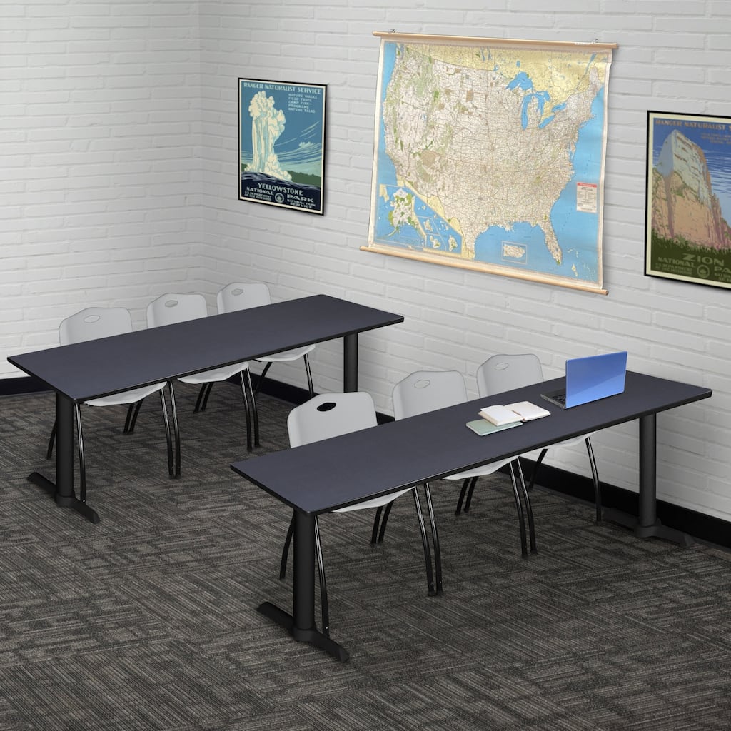 84" x 24" Training Table- Grey & 3 'M' Stack Chairs- Grey