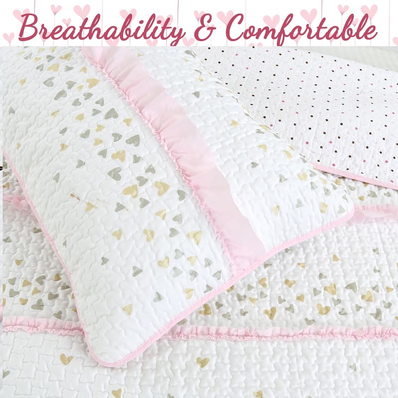 Cozy Line Sweet Heart Polka Dot Pink Ruffle Cotton Quilt Bedding Set
