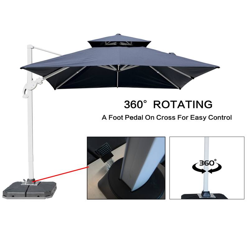 9 x 11 FT Outdoor Dual Top Solar Powered LED Aluminum Patio Cantilever Umbrella and Weighted Base