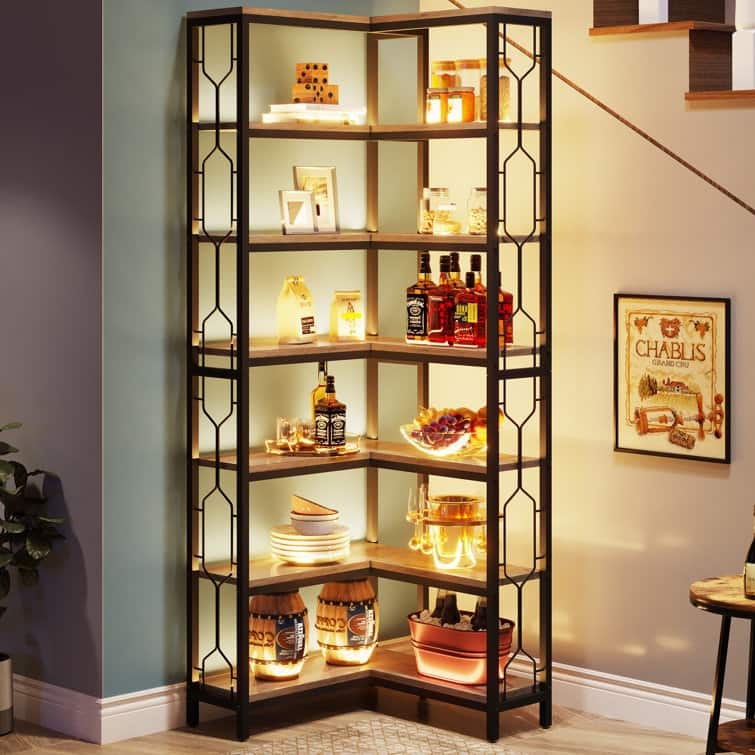 7-Tier Corner Shelf, Industrial Corner Bookshelf, Wood and Metal Corner Etagere Bookcase