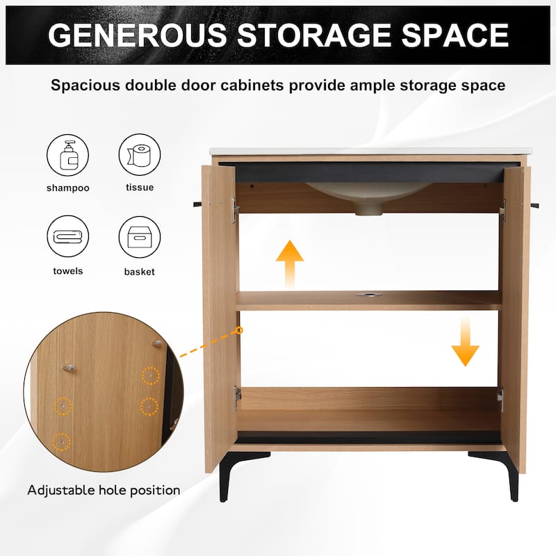 GDFStudio - Denton Modern Freestanding Bathroom Vanity Cabinet with Ceramic Sink, Soft Close Doors & Metal Tripod - 30"