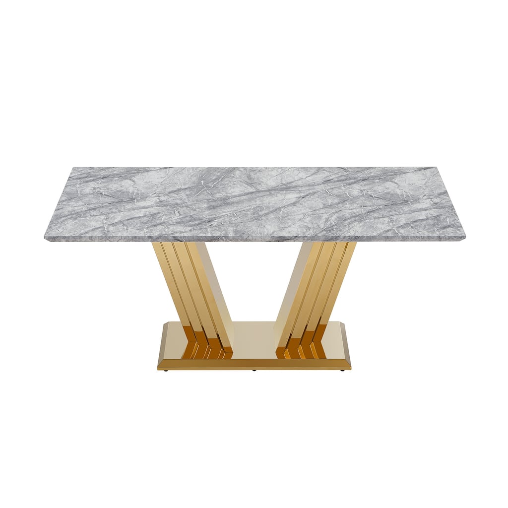 70'' Rectangle Faux Marble Dining Table with Mirrored Finish Stainless Steel Base - Grey+Gold