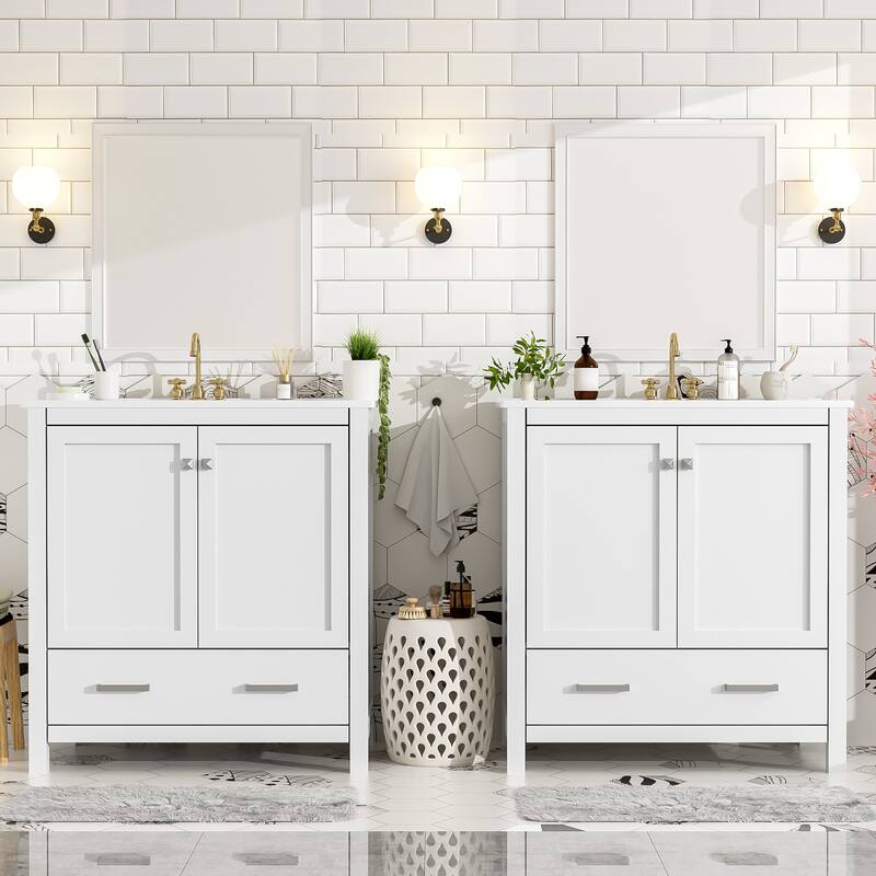 60"Bathroom Vanity Set with Double Vanities (Separate), Double Ceramic Sinks, Storage Shelf, and Divided Drawers