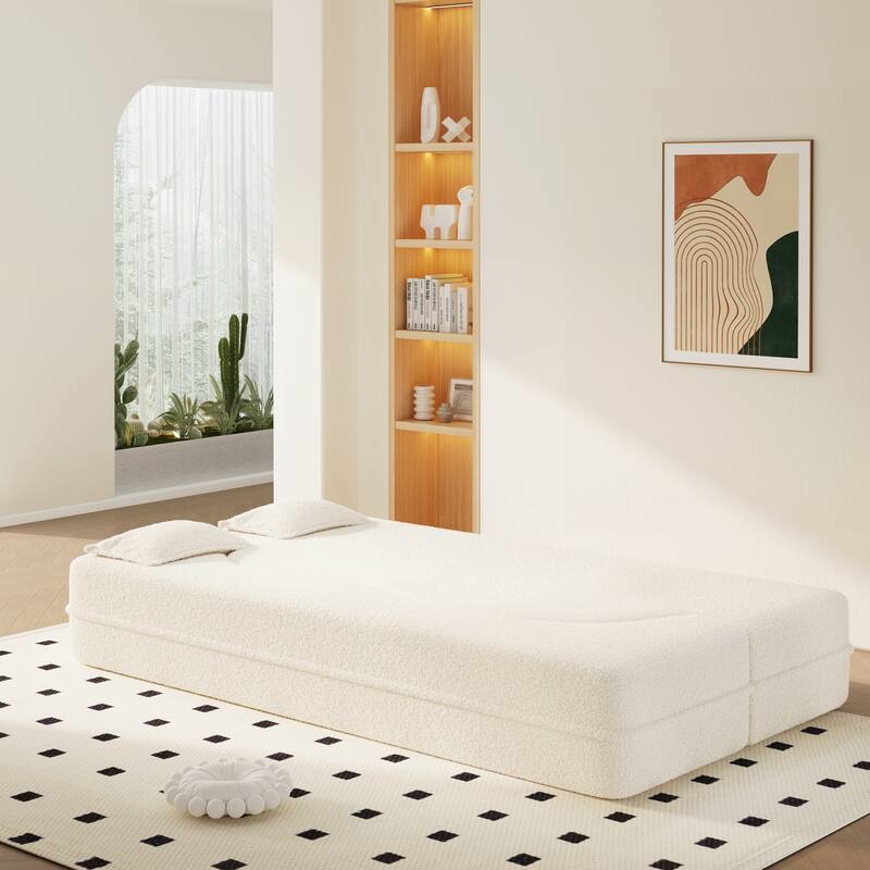 Modern Floor Sofa with 2 Pillows,Convertible Teddy Fabric Foam-Filled Sleeper Sofa Bed
