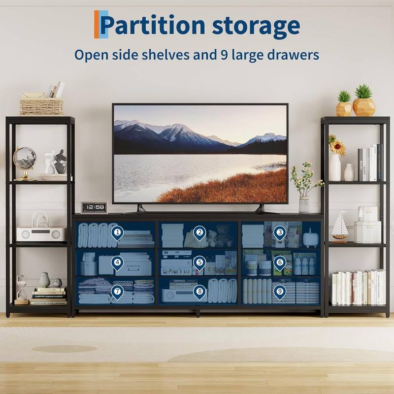 Entertainment Center TV Stand with 9 Drawers and Bookshelves for Living Room