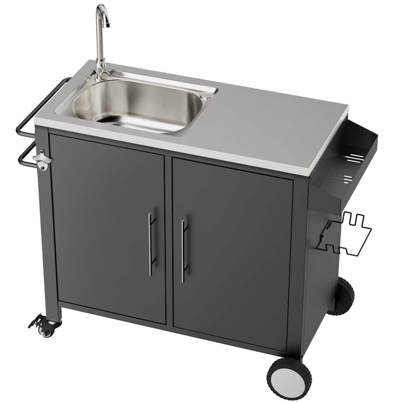 Outdoor Grill Table with Sink, Grill Cart with 304 Stainless Steel Sink and Cabinet, Outdoor Grill Cart