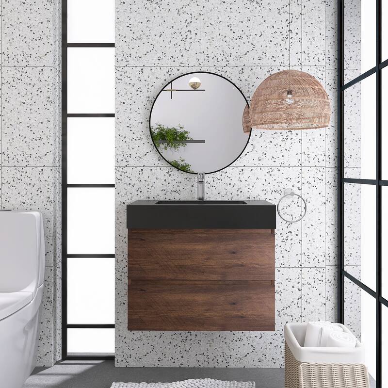 24"/30"/36" Wall-Mounted Bathroom Vanity Set with Black Integrated Quartz Sand Sink - 30" x 18" - Textured - Walnut