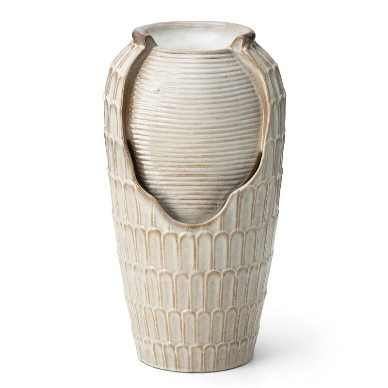 Glitzhome Oversized LED Lighted Ceramic Pot Floor Fountains for Outdoor Garden