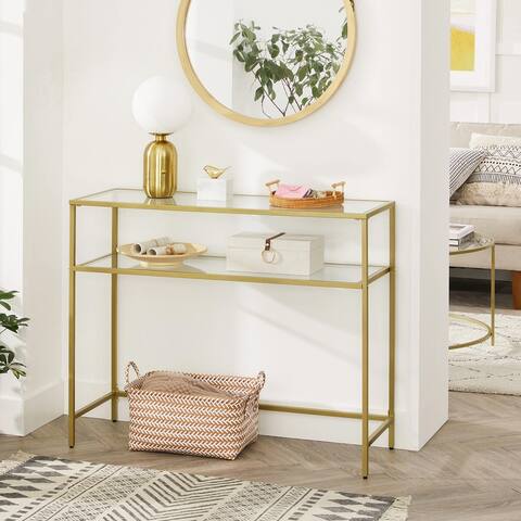 VASAGLE Console Table,Modern Sofa or Entryway Table,Tempered Glass Table,Metal Frame,2 Shelves,Adjustable Feetfor Living Room