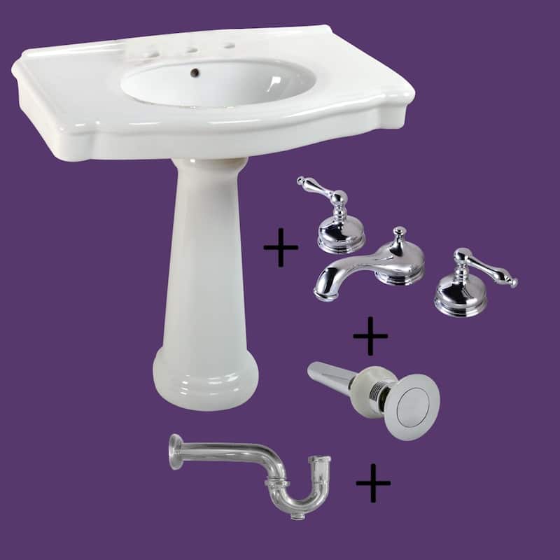 White Pedestal Sink with 8 Widespread Faucet, Overflow and P-Trap Renovators Supply