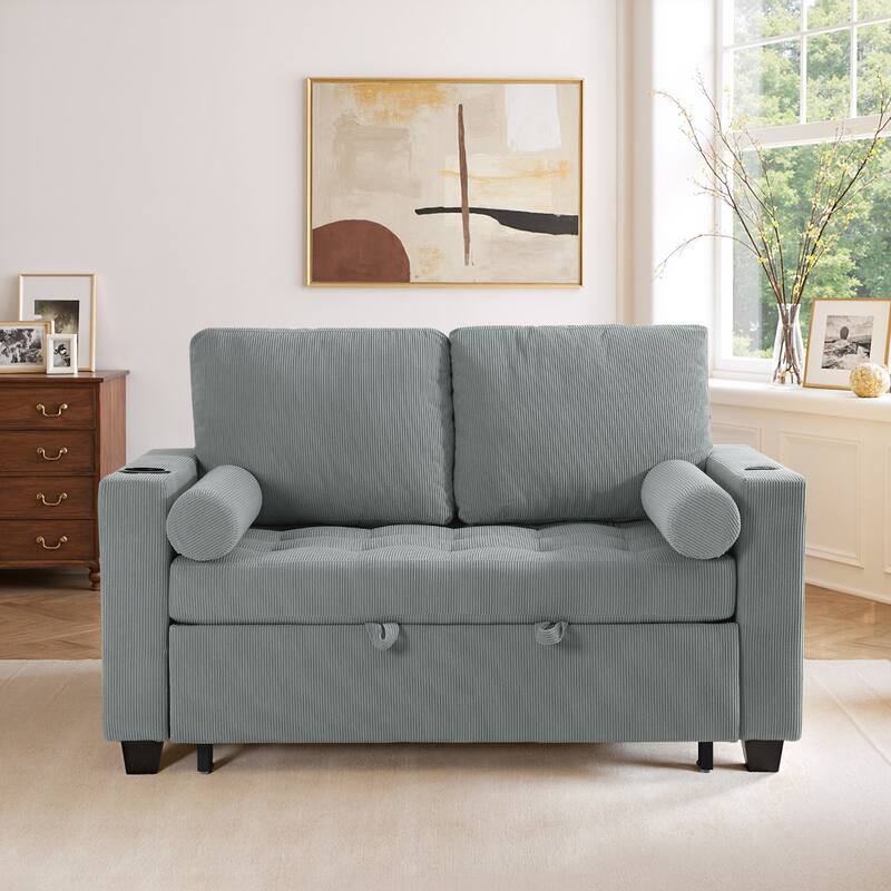 Corduroy Convertible Loveseat Sofa Bed Recliner with Cup Holder, USB Ports & Storage