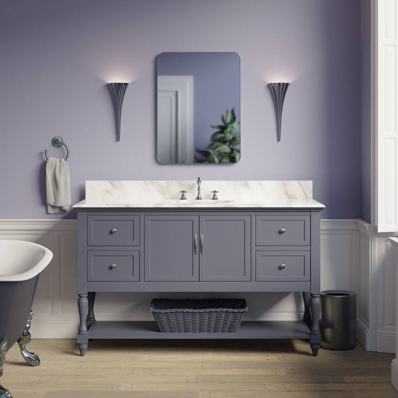 KitchenBathCollection Beverly 60" Single Bathroom Vanity with Carrara Marble Top - Marine Gray