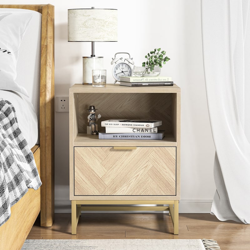 Anmytek Contemporary 1-Drawer Wood Nightstand for Bedroom Bedside Table with Open Shelf