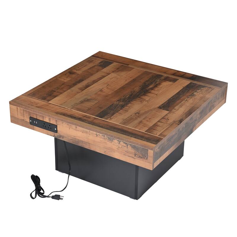 Farmhouse Coffee Table with 2 USB Ports, Outlets, Brown Spliced Wood Grain Center Table LED Square Cocktail Table