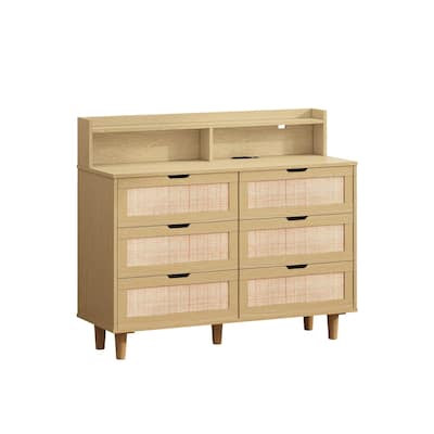 43.31"6-Drawers Rattan Storage Cabinet Rattan Drawer with LED Lights and Power Outlet