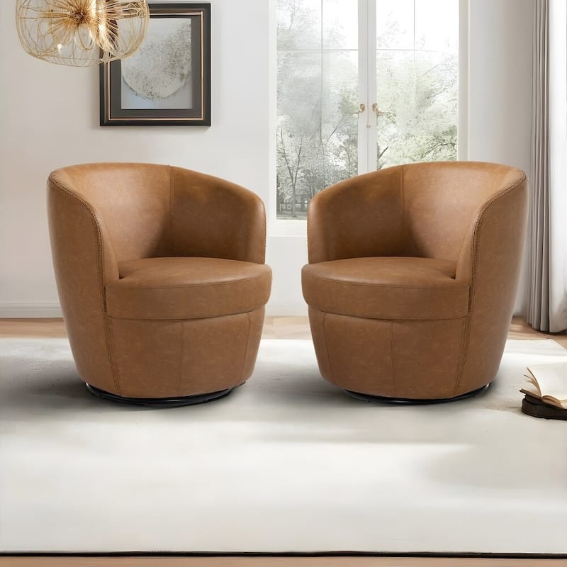 Swivel Barrel Chair For Living Room, Upholstered Faux Leather Accent Chairs - Set of 2 - Light Brown/Set