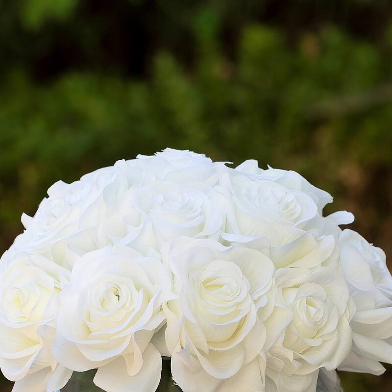 Enova Home 16 Heads Artificial Silk Rose Flowers in Round Glass Vase With Faux Water For Home Wedding Decoration