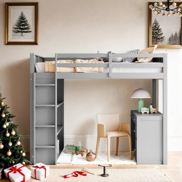 slide 2 of 26, Elegant Design Full Size Muti-Functional Loft Bed with Ladder, Shelves, and Desk Gray