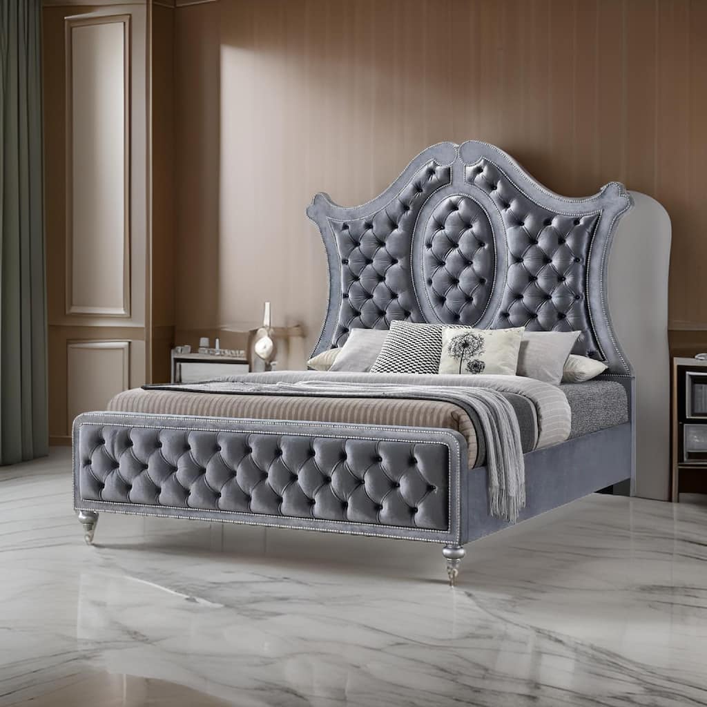 Rall King Size Bed, Curved Wood Headboard, Tufted Gray Fabric Upholstery