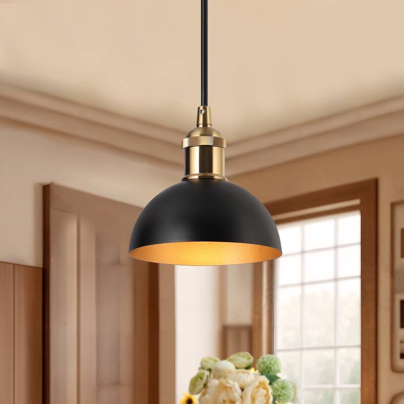 Modern Industrial 1-Light (6 Inch) Dome Black Gold Metal Pendant Light for Kitchen Island - 6" D x 6'' H