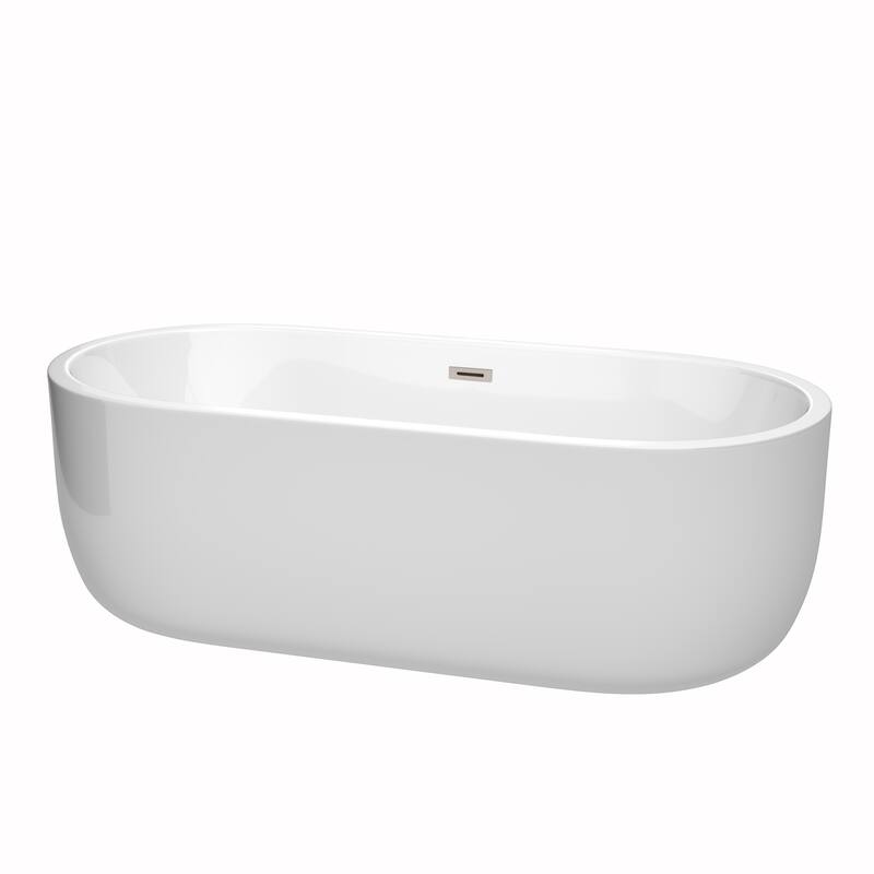 Wyndham Collection Juliette 71-inch White Freestanding Soaking Bathtub - White, Brushed Nickel Trim