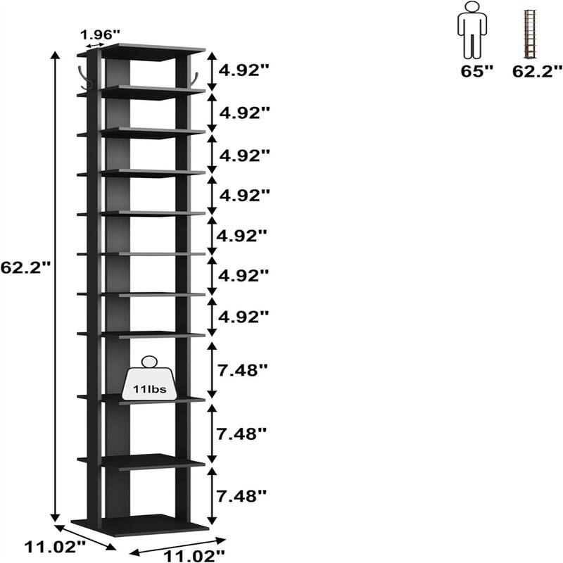 10Tier Vertical Shoe Rack - 11.02"D x 11.02"W x 62.2"H