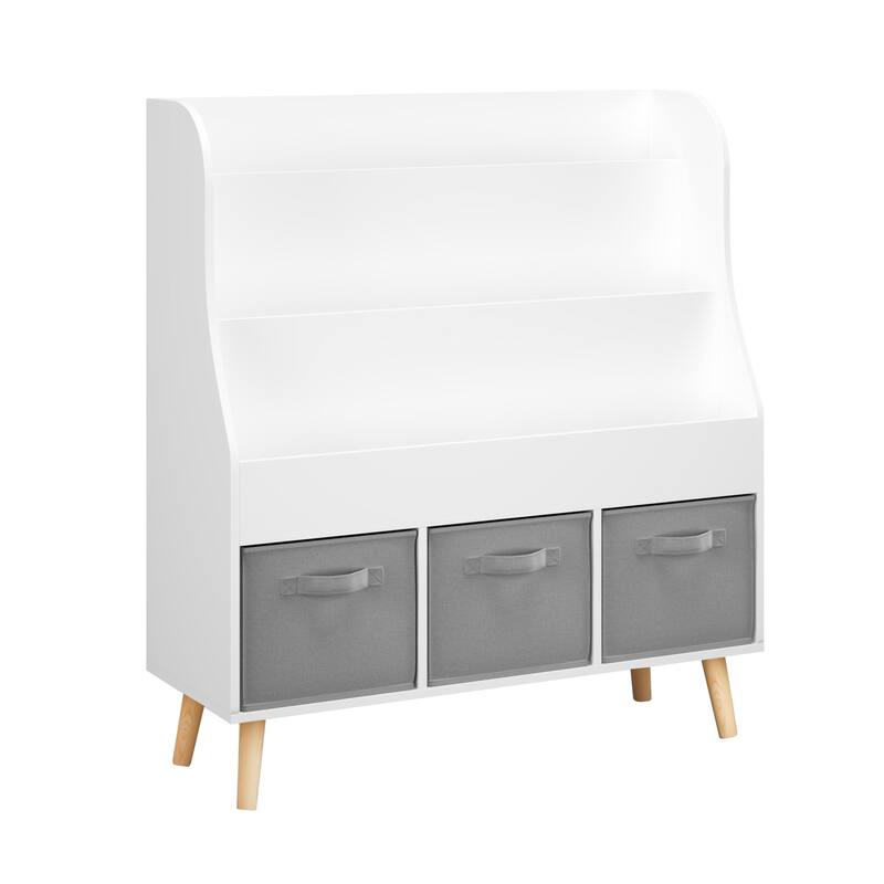 Kids Bookshelf with 3 Fabric Storage Bins, White Wooden Book Display Organizer for Toddlers and Children