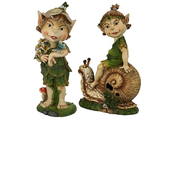 Set of 2 Pixie Garden Gnomes Statues: Pete and Perry 12.5" - N/A