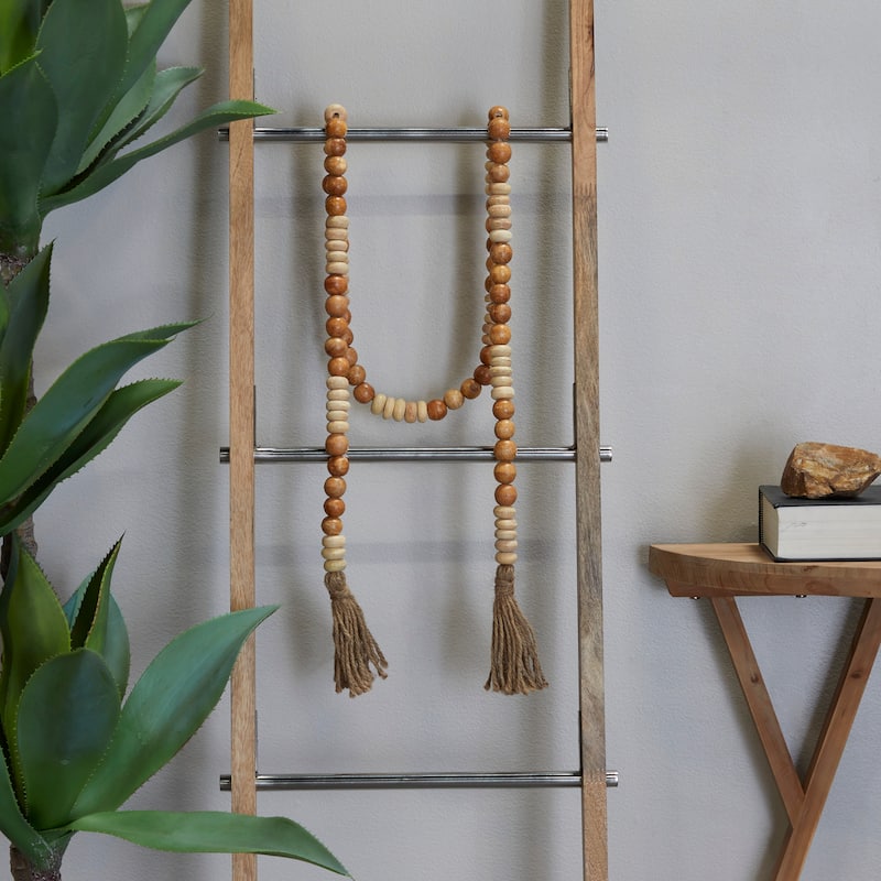 Brown Mango Wood Handmade Round Long Carved Beaded Garland with Tassel