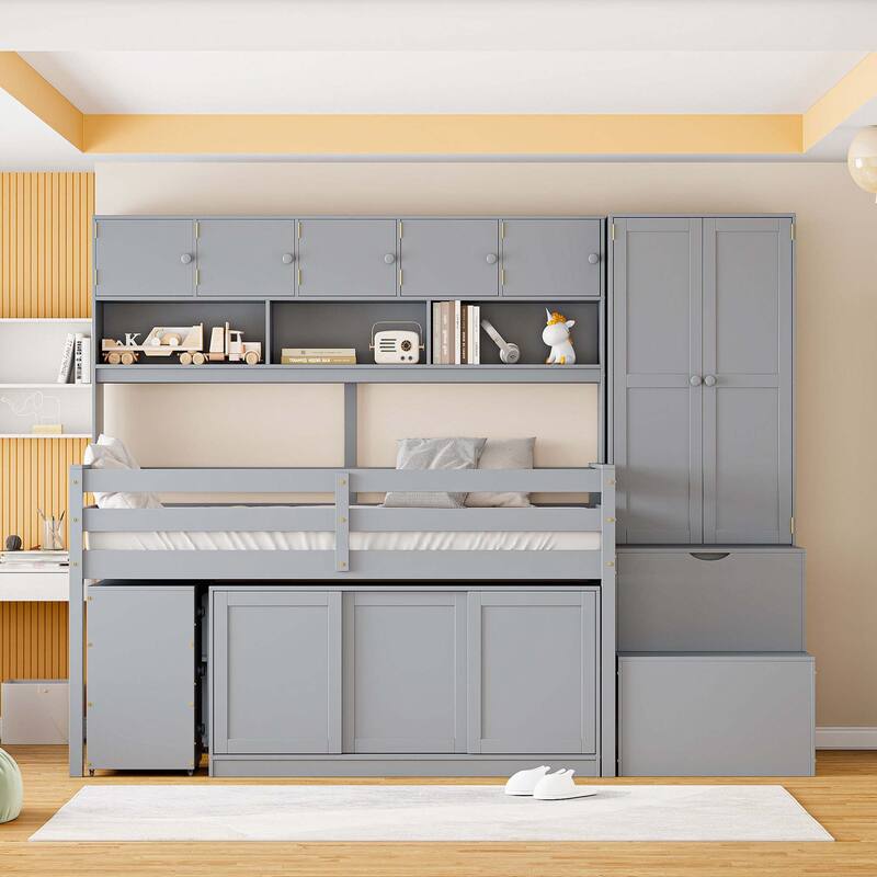 Twin Size Wooden Loft Bed Big Storage with Under bed Desk