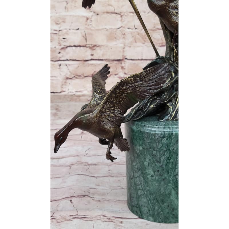 Three Ducks Geese Water Birds In Flight Among The Reeds Bronze Sculpture On Marble Base