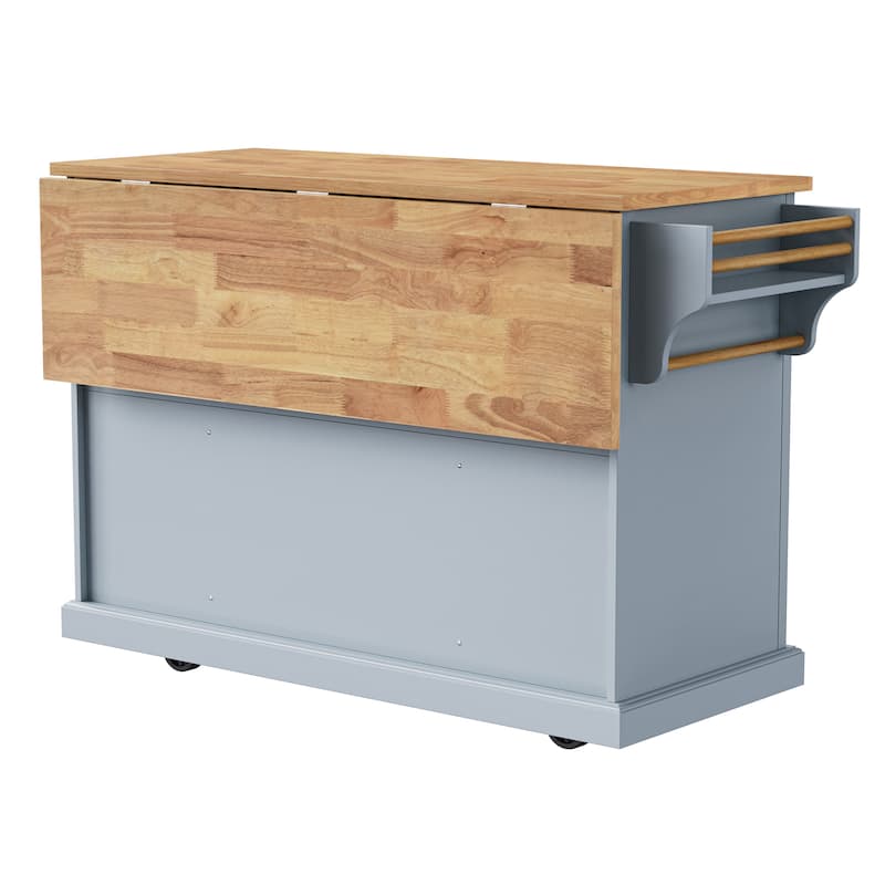 54" Large Rolling Kitchen Island with Rubber Wood Drop Leaf - Embossed Texture Storage Cart with 4 Doors & 3 Drawers for Kitchen
