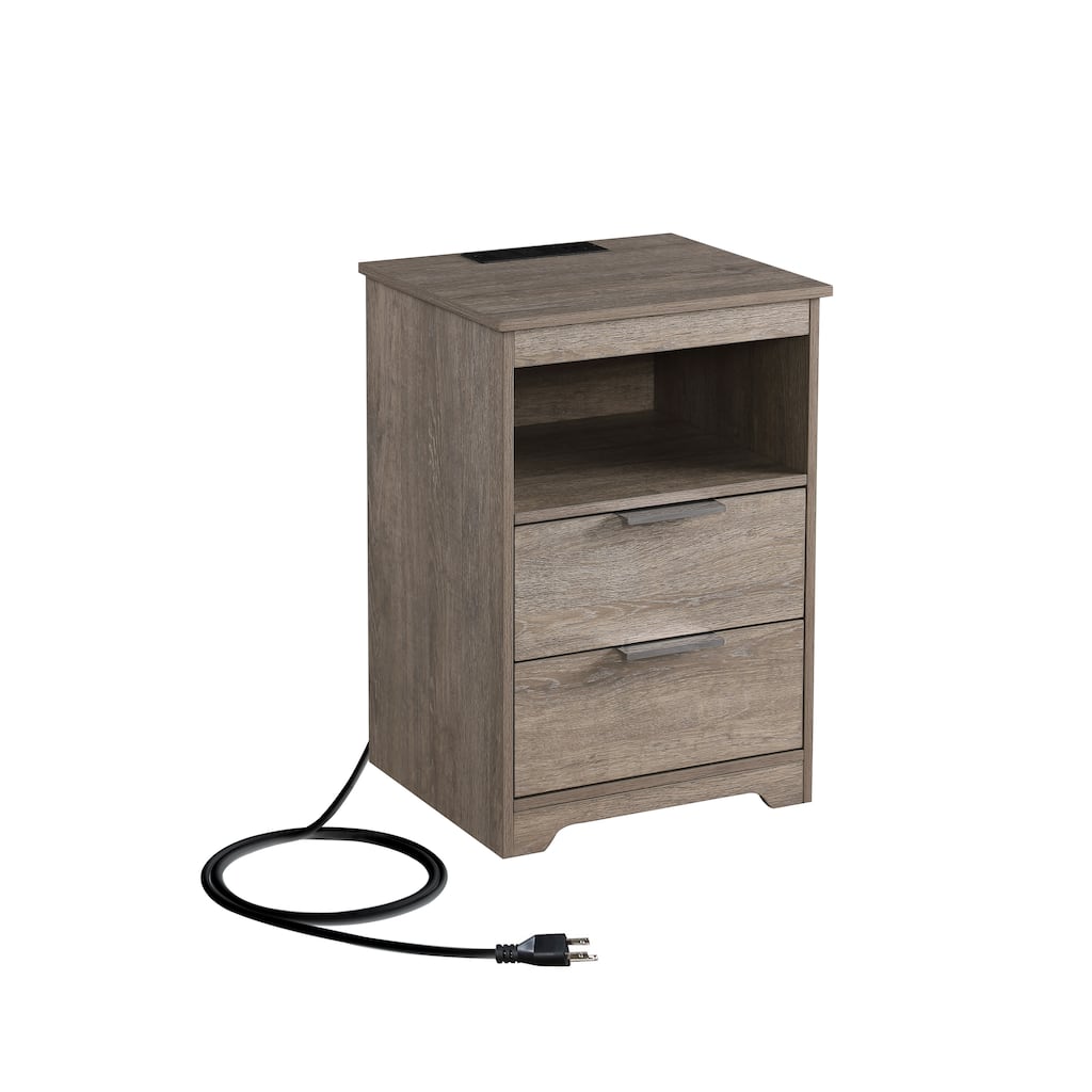 Modern Nightstand with Charging Station, Dual Drawers, and Open Shelf for Bedroom or Living Room