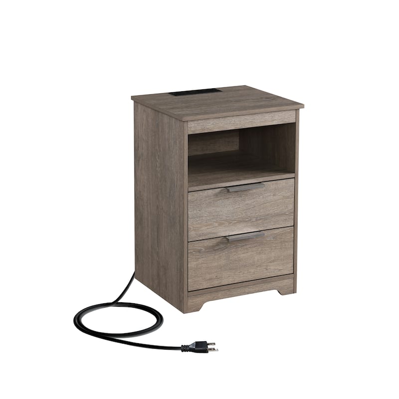 Nightstand with Charging Station,End Table with 2 Drawers,Wooden End Table with Drawer and Opening Shelf - Gray